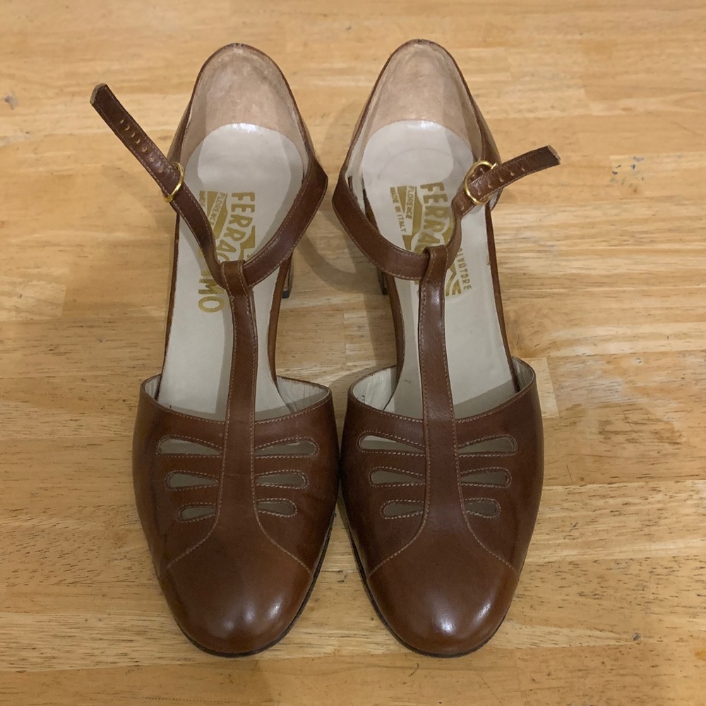 Salvatore Ferragamo Brown Leather T-Strap Heels